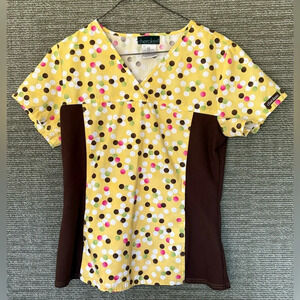 Polka Dot Scrub Top Sz XS Brown/Yellow